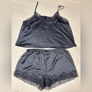H&M Satin Lace Trim Pajama Set - Dark Blue